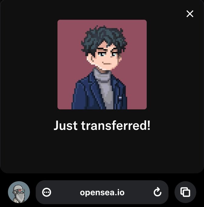 A pixel art avatar of a dark-haired character in a blue jacket with the text 'Just transferred!' on an OpenSea pop-up window.