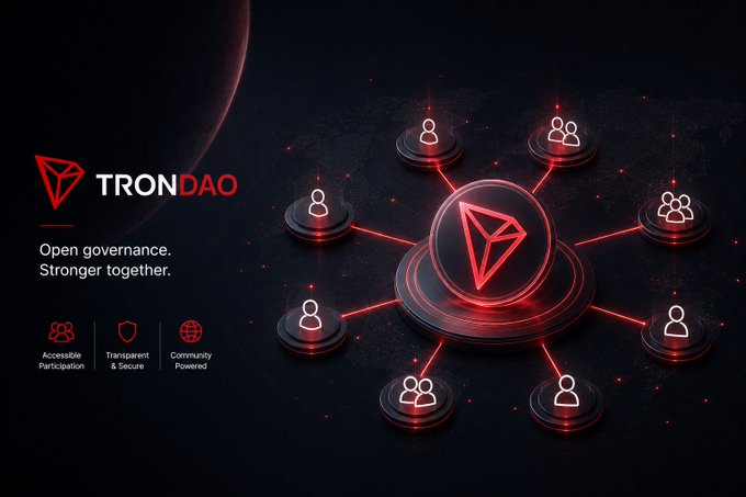 A promotional graphic for TRON DAO displays the red TRON logo with the tagline 'Open governance. Stronger together.' alongside icons for Accessible Participation, Transparent & Secure, and Community Powered, set against a space-themed background with a network of connected user icons.