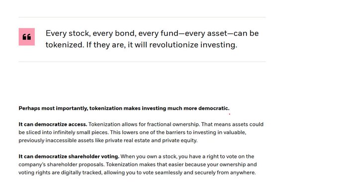 A pull quote highlighting tokenization's potential to revolutionize and democratize investing through fractional ownership and streamlined shareholder voting, accompanying a Cointelegraph listicle about unusual real-world assets tokenized onchain.