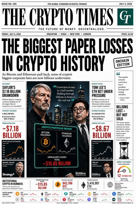 The main focus of the image is a page from a cryptocurrency newspaper which is titled "The Crypt Times". The layout features three columns of text along with various pictures, including charts displaying cryptocurrency values such as Bitcoin and Ethereum, as well as dollar amounts representing massive losses in virtual currency markets. Two of the biggest paper losses in crypto history are being highlighted on this particular page. The post appears to be discussing the financial impact of these paper losses within the world of cryptocurrencies, which has drawn attention from a wider audience due to its relevance and potential influence.