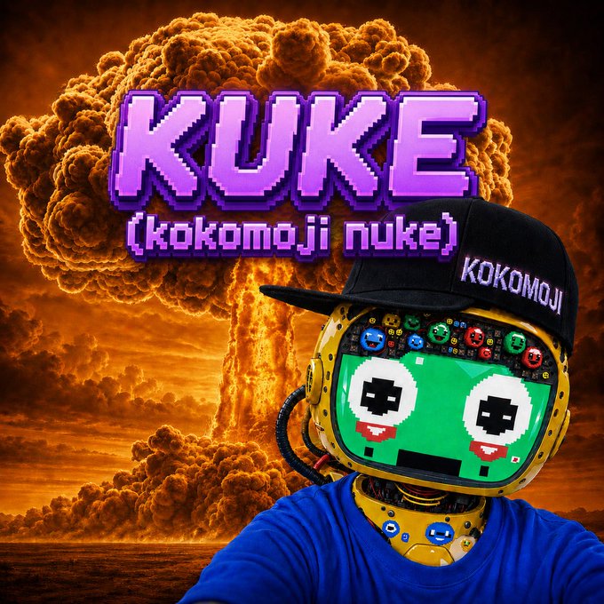 A pixel-art robot mascot with green facial features wearing a "KOKOMOJI" cap stands before a massive nuclear mushroom cloud explosion, beneath purple text reading "KUKE (kokomoji nuke)" — visually delivering the "☢益☢" save threat promised in the caption.