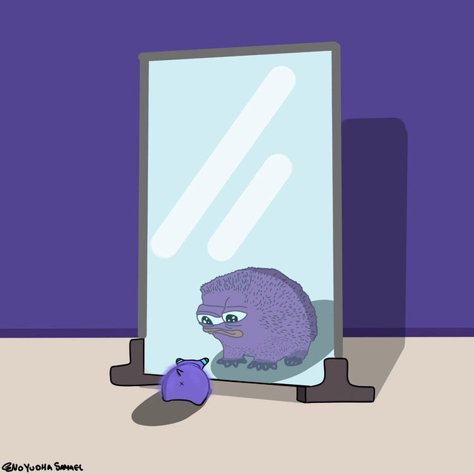 A small purple creature looks into a mirror and sees a much larger, more imposing version of itself reflected back. This visual metaphor relates to the post by suggesting that while a new day may start small, it brings the opportunity to see and become a much greater version of oneself.