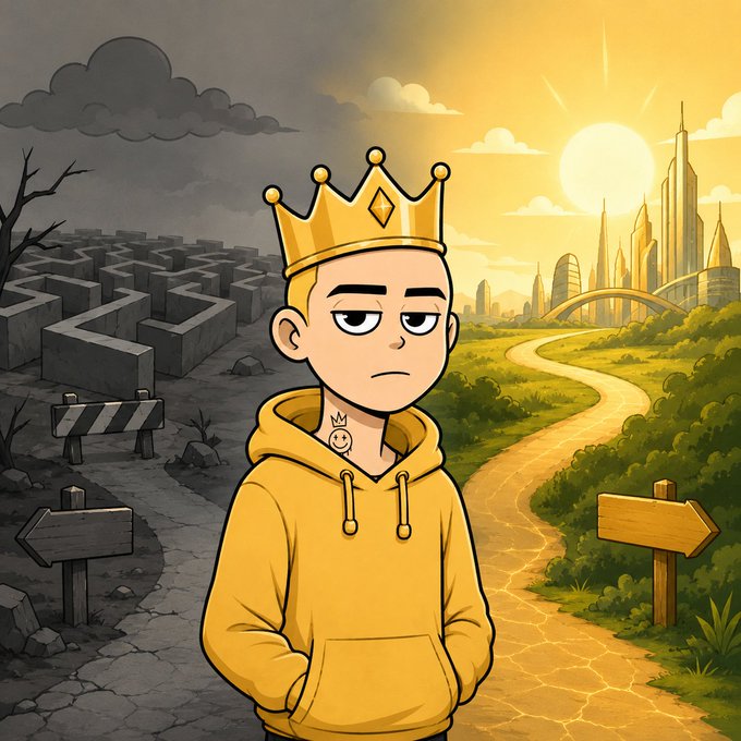 A cartoon illustration of a boy wearing a yellow hoodie and gold crown, standing between a dark, desolate maze on the left and a bright, futuristic city on the right.