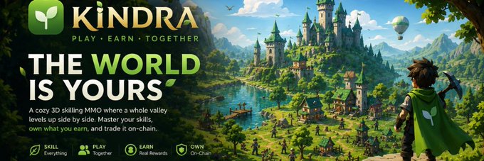 The image is a promotional banner for "KINDRA - PLAY • EARN • TOGETHER," featuring a fantasy 3D world with castles, a valley, and a green-caped character with a pickaxe, alongside text like "THE WORLD IS YOURS" describing it as "A cozy 3D skilling MMO where a whole valley levels up by side." It serves as the banner image for the $KINDRA token on Moby, visually representing the game's play-and-earn adventure theme tied to the Robinhood-listed token.