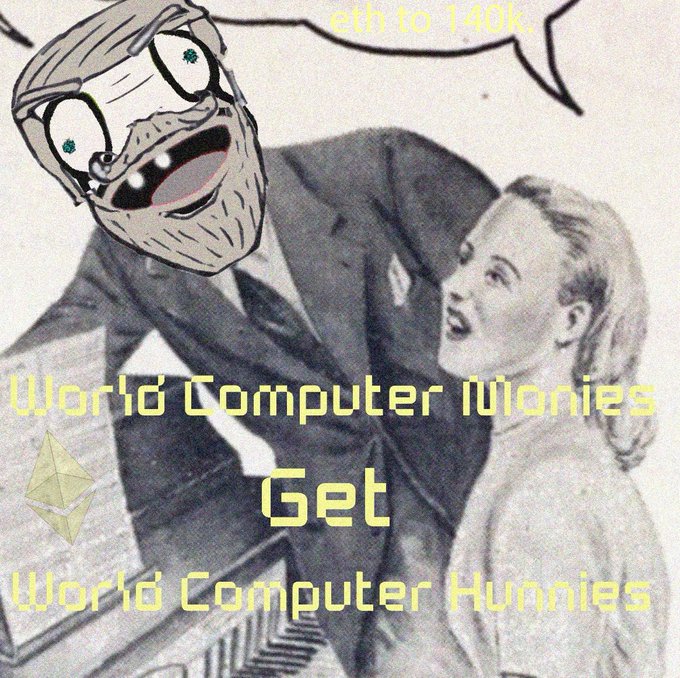 A meme image with a cartoonish drawn face over a vintage photograph of a man and woman, featuring yellow text reading 'eth to 1.45k', 'World Computer Wories', 'Get', and 'World Computer Hunnies' alongside an Ethereum logo.