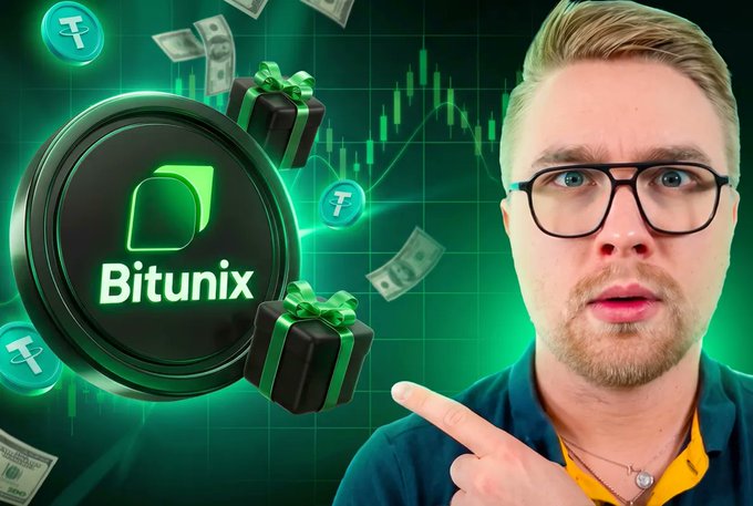 A man with glasses points to a promotional graphic for 'Bitunix' featuring green gift boxes and a stylized logo against a financial chart background.