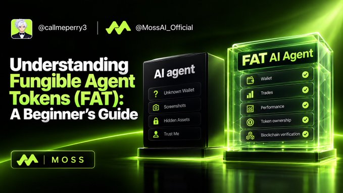 The image is a promotional graphic for an article titled "Understanding Fungible Agent Tokens (FAT): A Beginner's Guide," authored by @callmeperry3 and @MossAI_Official, featuring the Moss logo.

It contrasts a traditional "AI agent" with limited transparency (Unknown Wallet, Screenshots, Hidden Assets, Trust Me) against a "FAT AI Agent" that offers verifiable, on-chain features (Wallet, Trades, Performance, Token ownership, Blockchain verification), visually reinforcing the article's focus on trustless AI investing.