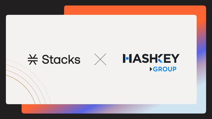 A promotional graphic on a black background showing the Stacks cryptocurrency logo paired with an 'X' and the HASHKEY GROUP logo on a white card with red/orange gradient borders.