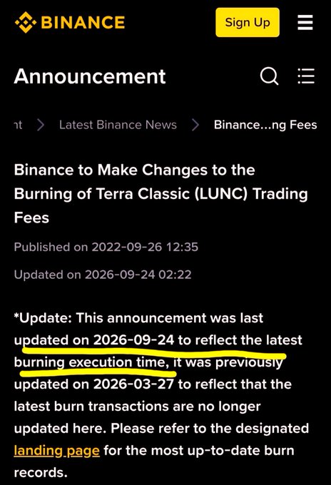 A screenshot of a Binance announcement page titled "Binance to Make Changes to the Burning of Terra Classic (LUNC) Trading Fees," with portions of the update text underlined in yellow.