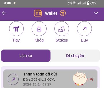 Screenshot of a Pi Network wallet app interface in Vietnamese, showing transaction history with a 'Thành toán đã gửi' (payment sent) entry.