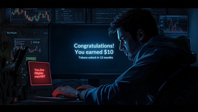 The image depicts an illustration of a man sitting at a desk using a laptop, with computer screens surrounding him, possibly indicating a computer-based system or network. The text overlaying the scene congratulates the viewer for winning 100 Bitcoins via a cryptocurrency mining challenge. This scenario seems to be related to the theme of digital currency and investing in Bitcoin.