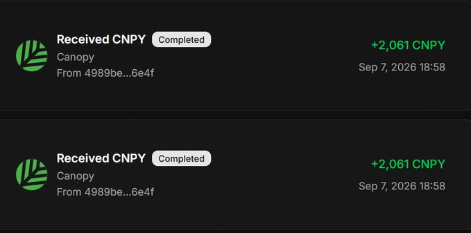 Two identical transaction records showing 'Received CNPY Completed' from Canopy wallet address 4989be...6e4f for +2,061 CNPY, dated Sep 7, 2026 18:58.
