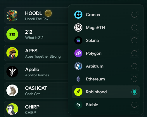 The image shows a token selection interface featuring meme coins on the left (HOODL, 212, APES, Apollo, CASHCAT, CHIRP) and blockchain networks on the right, with Robinhood selected as the active chain. The post relates to the image by highlighting that the CASHCAT token recently reached an all-time high and significant trading volume on the Robinhood network, leading to a liquidity swap via WolfSwap.