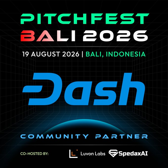 A promotional graphic for 'PITCHFEST BALI 2026' on 19 August 2026 in Bali, Indonesia, featuring Dash as the Community Partner and co-hosted by Luvon Labs and SpedaxAI.