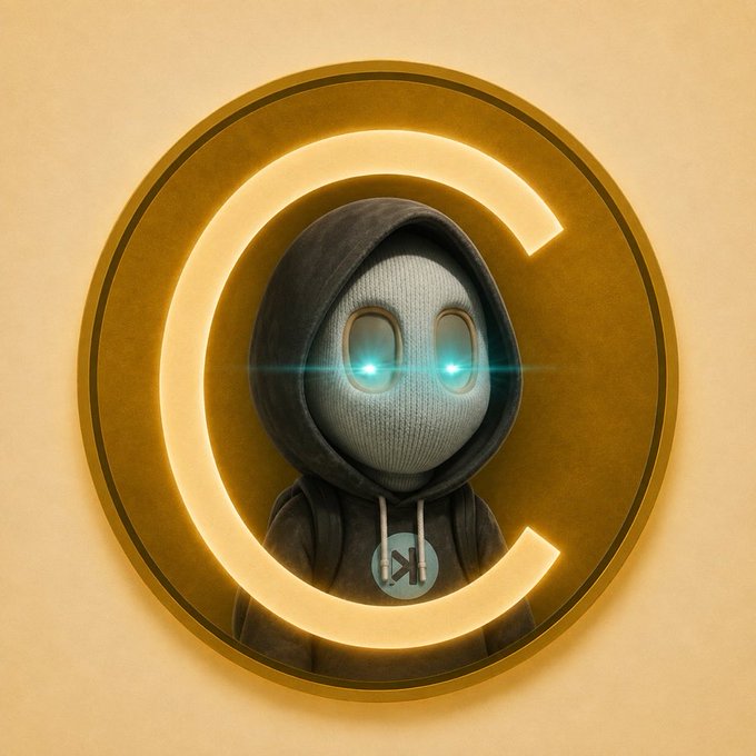 A hooded figure with glowing cyan eyes wears a hoodie featuring the "C" logo inside a golden "C" emblem, symbolizing the $CATE token community referenced in the post about supporting the project without compensation.