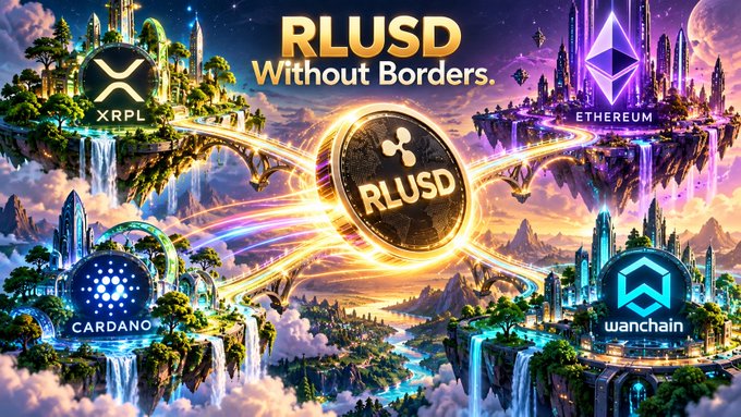 A vibrant digital illustration featuring the 'RLUSD Without Borders' logo centrally placed, connected by light trails to floating islands representing XRPL, Ethereum, Cardano, and Wanchain.