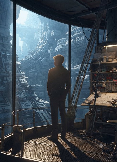 A cinematic sci-fi scene shows a man in a dark suit standing on a metal platform, looking out a large window at a massive futuristic cityscape with towering, densely-packed architectural structures.
