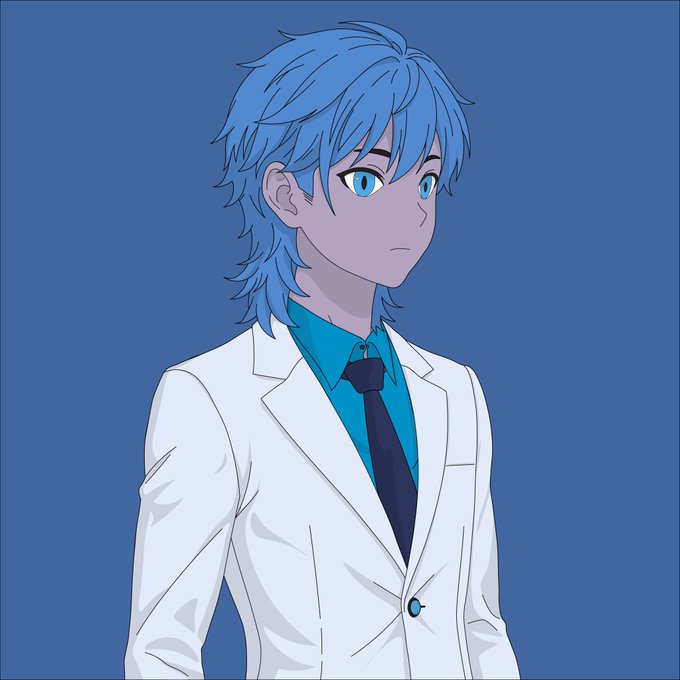An anime-style character with blue hair and blue eyes wears a white lab coat over a teal shirt and dark tie against a blue background. The image doesn't contain any text or NFT references, serving as a stylized avatar that ties to the post's "Gm if you Love NFTs" message through its cool blue palette and Web3-friendly aesthetic.
