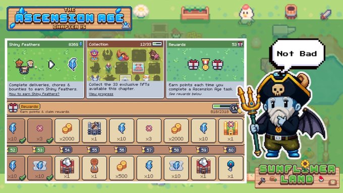 A video game promotional screen titled 'The Ascension Age' displays various NFT collections and rewards systems, featuring a pixel art skeleton character with a speech bubble saying 'Not Bad' in 'Sunflower Land'.