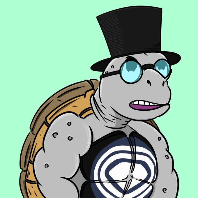 A cartoon illustration of a gray turtle wearing a black top hat and blue-tinted glasses, with a black and white spiral design on its chest, against a light green background.