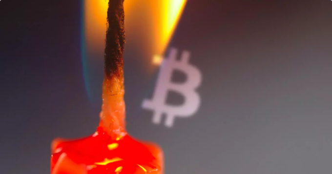 Artistic image of a melting candle with a Bitcoin (₿) logo displayed in the background, symbolizing cryptocurrency themes.