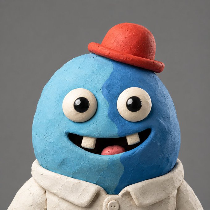 A claymation-style sculpture of a round, blue character with googly eyes, two buck teeth, a pink tongue, a white shirt, and a small red bowler hat.