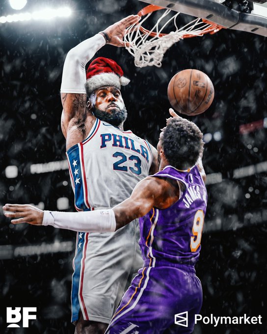 The image shows an NBA player wearing a Philadelphia 76ers jersey with "PHILA 23" and a Santa hat throwing down a dunk over a Phoenix Suns player wearing number 9, with logos for "PF" and "Polymarket" at the bottom. The image appears to be related to the post about LeBron and Bronny James potentially playing together on Christmas Day, with Polymarket serving as a partner highlighting their 6% chance of playing together in 2026-27.