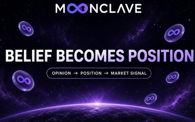 A promotional graphic for MOONCLAVE featuring the text 'BELIEF BECOMES POSITION' and 'OPINION → POSITION → MARKET SIGNAL' against a cosmic purple background with floating infinity symbol coins.