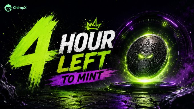 A promotional graphic by ChimpX displays "4 HOURS LEFT TO MINT" in bold green and purple brushstroke lettering, accompanied by a glowing circular emblem featuring a crowned chimpanzee medallion, creating a dramatic final countdown announcement for the SuperChimps NFT mint.