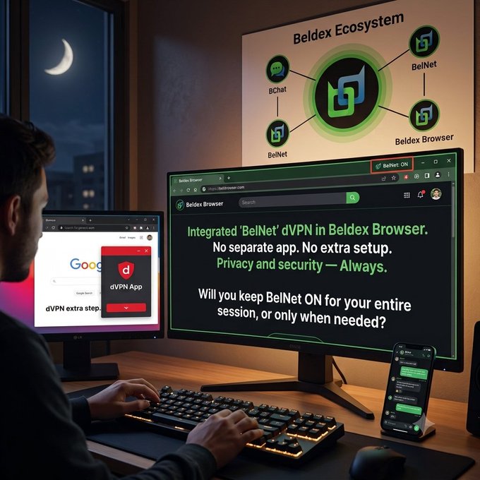 A man works at a dual-monitor setup at night, with a wall display showing the 'Beldex Ecosystem' featuring BChat, BelNet, and Beldex Browser, while the main monitor advertises 'BelNet: ON' with text reading 'Integrated BelNet dVPN in Beldex Browser. No separate app. No extra setup. Privacy and security — Always.'