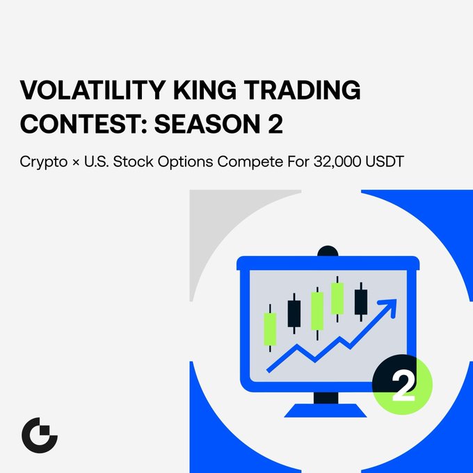 A promotional graphic titled 'VOLATILITY KING TRADING CONTEST: SEASON 2 - Crypto x U.S. Stock Options Compete For 32,000 USDT,' featuring an illustration of a monitor displaying a candlestick chart.