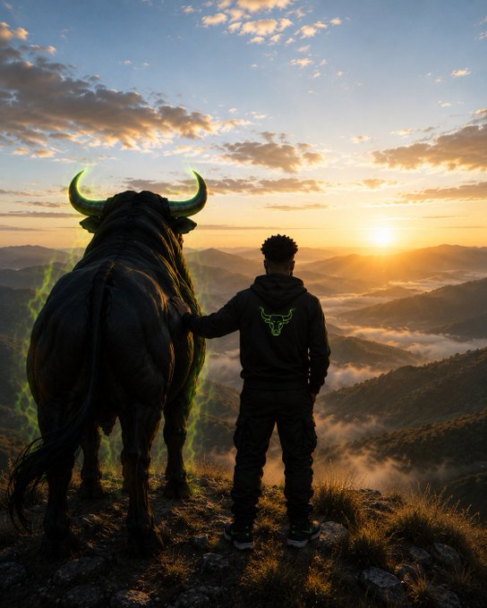 A person in a black hoodie with a glowing green bull logo stands beside a massive, dark bull with glowing green horns, both overlooking a misty mountain range at sunrise—symbolizing a bullish "GM" (good morning) greeting and the start of a new grind for $ANSEM holders.