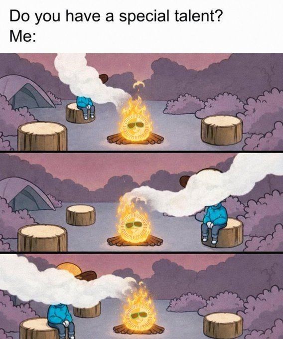 The image shows a three-panel comic with the caption "Do you have a special talent? Me:" depicting a campfire where smoke from the fire drifts toward and blows into the face of a person sitting on a nearby log across the panels, regardless of which side they sit on.

The post text about VESUN's locking mechanism appears to be unrelated to the image's content, which focuses on a humorous gag about smoke always blowing back toward the person sitting by a campfire.