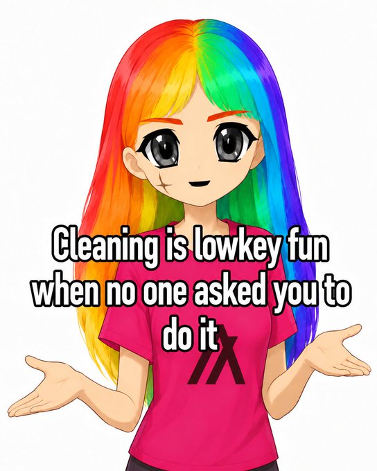 An anime-style girl with rainbow-colored hair and a pink t-shirt shrugging playfully, with text reading "Cleaning is lowkey fun when no one asked you to do it."