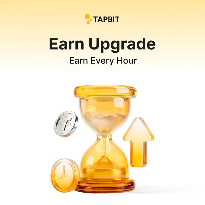 A promotional graphic for an app called 'TAPBIT' featuring the text 'Earn Upgrade / Earn Every Hour' above a 3D illustration of a golden hourglass, a Tether coin, an upward arrow, and a clock.