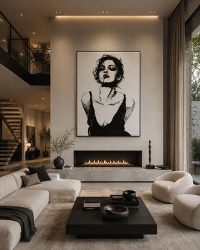 A modern living room interior with a double-height ceiling, featuring a large black and white portrait painting above a fireplace, contemporary furniture including a sectional sofa and lounge chairs, and a dark coffee table.