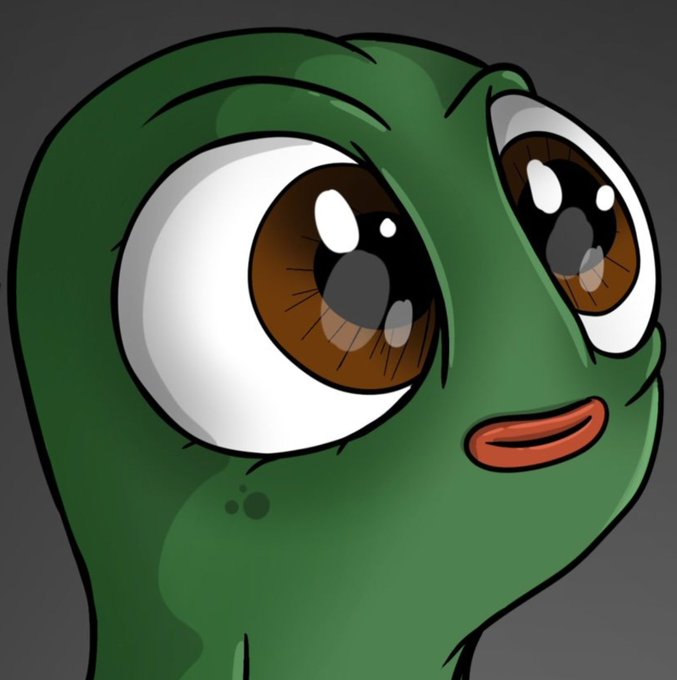A cartoon green character with large brown eyes, freckles, and red lips stares at the viewer against a gray background.