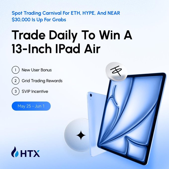 The image features an advertisement for a trading event where users can win a 13-inch iPad Air by participating in trading activities. The poster displays various trading options available at this event, including new user bonus opportunities, grid trading rewards, and SVP incentives. The text on the poster emphasizes that the reward pool is $30,000 and encourages users to participate for the chance to win an iPad Air.