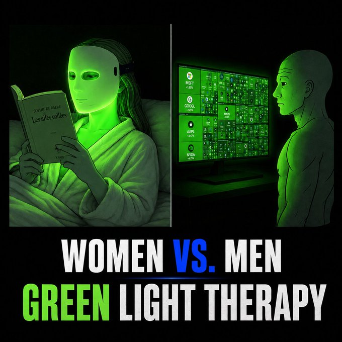 A side-by-side illustration contrasts a woman in a robe wearing a glowing green LED face mask while reading "Les ailes collées" by Sophie de Baere against a bald man staring at a stock market monitor displaying tickers like MSFT, GOOGL, AAPL, and NVDA, humorously depicting "Women vs. Men Green Light Therapy." The "GM" caption ties into the meme by playing on the word "green" — women's glow-up skincare versus men's fixation on green stock market gains.