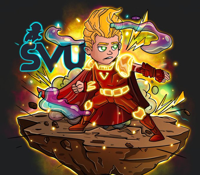 A colorful cartoon illustration of a blonde character in a red suit with glowing yellow energy effects, with the letters 'SVU' displayed prominently in the background.