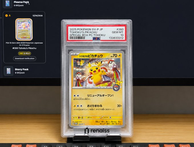 A PSA 10 Gem Mint 2025 Pokémon Japanese Tohoku's Pikachu card (#260) is displayed in a protective case on a Renaiss platform, showing a "Plasma Pack" valued at $405 with a downloadable FMV of $82.4, accompanying a post celebrating Renaiss's $25M total trading volume milestone.