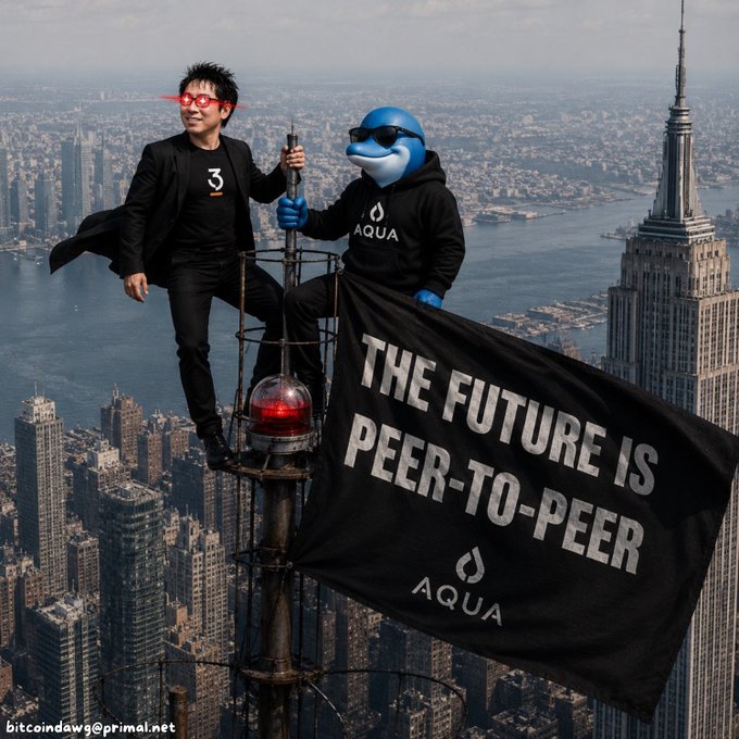 Two figures—one wearing red goggles and a black shirt, the other a blue dolphin mascot in sunglasses and an "AQUA" hoodie—perch atop the Empire State Building's spire beside a black flag reading "THE FUTURE IS PEER-TO-PEER" with the AQUA logo, visually championing the post's message about decentralized peer-to-peer technology.