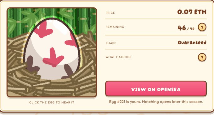 A digital collectible interface showing an animated pink-spotted egg in a nest, priced at 0.07 ETH with 46/72 remaining in a 'Guaranteed' phase, with a 'VIEW ON OPENSEA' button.