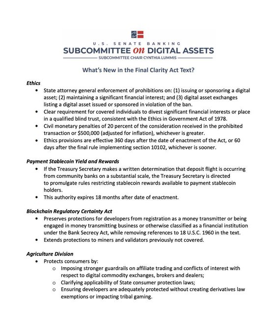 A document titled 'U.S. Senate Banking Subcommittee on Digital Assets' by Subcommittee Chair Cynthia Lummis detailing 'What's New in the Final Clarity Act Text,' covering sections on Ethics, Payment Stablecoin Yield and Rewards, Blockchain Regulatory Certainty Act, and Agriculture Division.