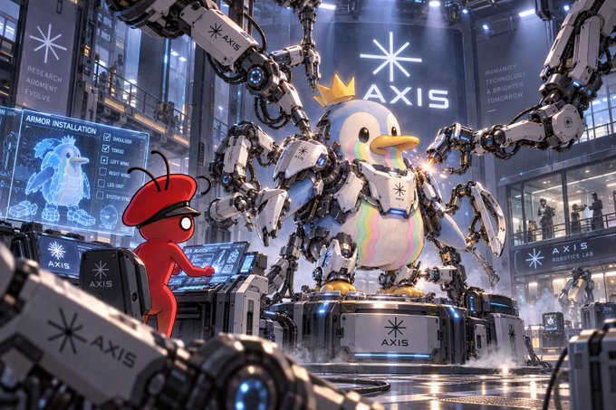 A futuristic sci-fi scene labeled 'AXIS' shows a mechanical penguin with a golden crown being assembled by robotic arms in a robotics lab, while a small red alien character in a beret operates a holographic 'ARMOR INSTALLATION' interface nearby.