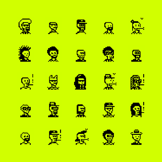 A 5x5 grid of 25 pixel-art character portraits displayed on a bright yellow background, representing the new hand-drawn Collectors mentioned in the post. Each character features unique hairstyles, expressions, and accessories, showcasing the variety being added to the Hoodie Chain collection.