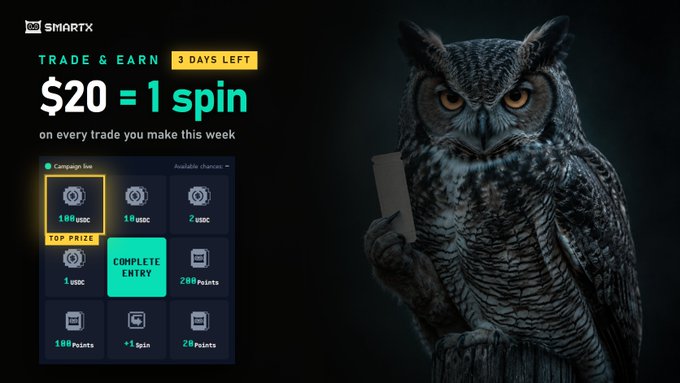 A promotional graphic for 'SMARTX' featuring a stern-looking owl holding a card on the right, and text on the left advertising 'TRADE & EARN', '$20 = 1 spin on every trade you make this week', with '3 DAYS LEFT' highlighted in yellow.