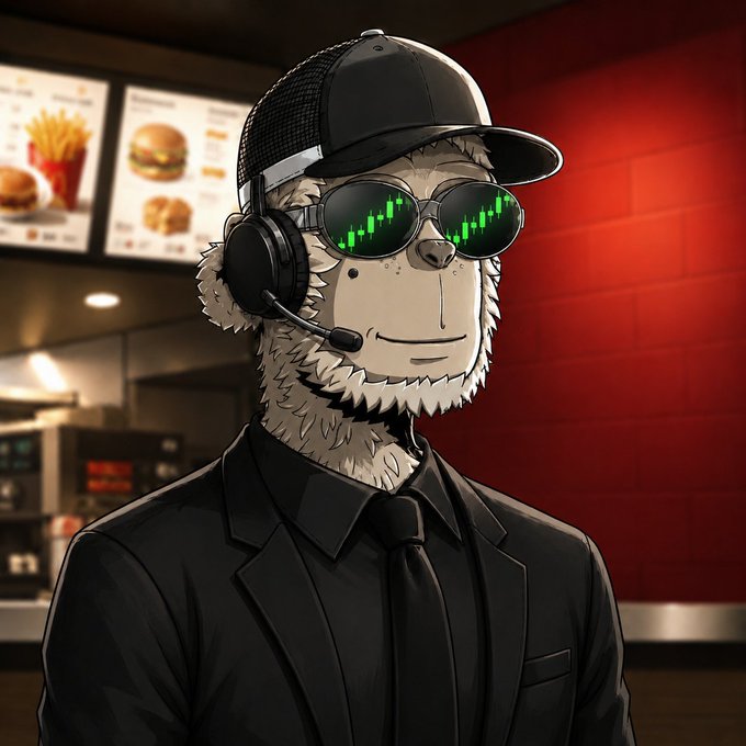 An animated anthropomorphic sloth character wearing a black baseball cap, a headset with a microphone, reflective sunglasses displaying green audio waveforms, and a black suit with tie, standing in what appears to be a fast food restaurant.