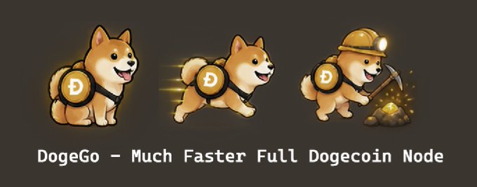 A promotional image for "DogeGo - Much Faster Full Dogecoin Node" showing three cartoon Shiba Inu dogs wearing Dogecoin-themed gear, including one dressed as a miner with a hard hat and pickaxe.