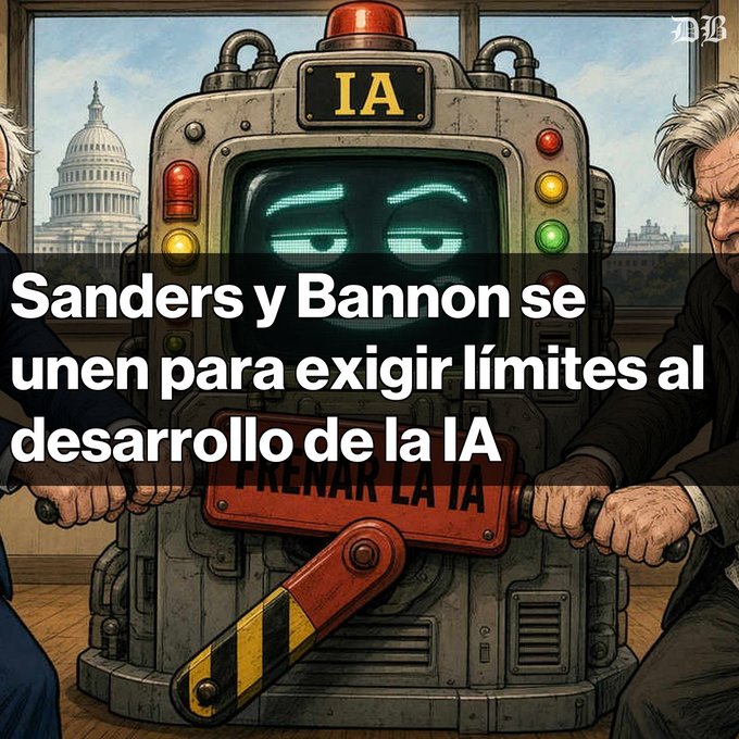 An illustrated image showing figures resembling Sanders and Bannon pushing a machine labeled 'IA' with text 'Sanders y Bannon se unen para exigir límites al desarrollo de la IA'.